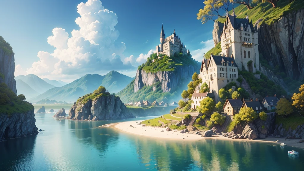 Masterpiece, Best Quality, (Highly detailed CG Unity 8k wallpaper) (Best Quality), (best illustration), cheered up, village, flores, blue sky, --v6 A painting of a castle on a hill with a river in front of it