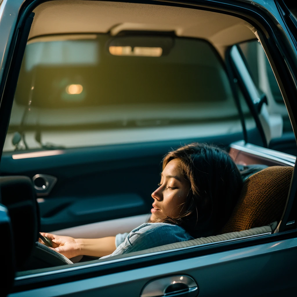 seen from inside the car, a woman sleeping soundly in a van, wide rear window of the car, at night, realistic photo, professional photographer, intricate details