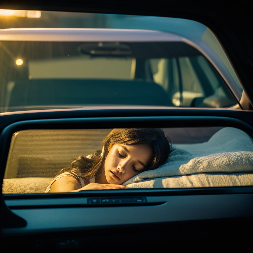 seen from inside the car, a woman sleeping soundly in a van, wide rear window of the car, at night, realistic photo, professional photographer, intricate details