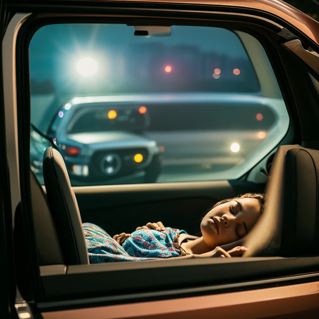 seen from inside the car, a woman sleeping soundly in a van, wide rear window of the car, at night, realistic photo, professional photographer, intricate details