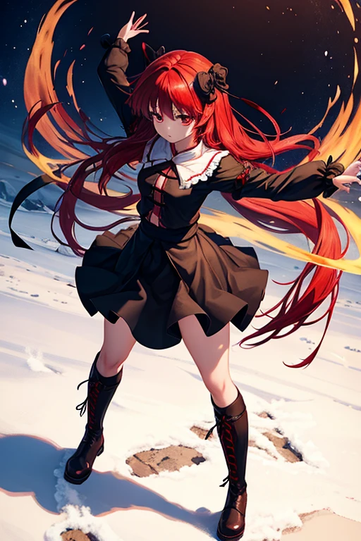 1girl, Touhou, Sekibanki, red hair, red eye color, full body, wide shot, black skirt, red boots, black attire