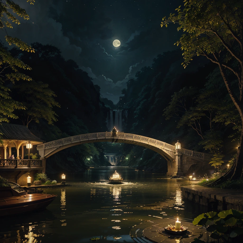 Full Moon Illustration and Waterfall, River boats, Lotus in river illustration, Candles floating on the river, The White Lotus of the Lotus, Bright yellow fireflies, Illustration of a vintage bridge near the river, Fantasy Art, Night theme, Dreamy art, hyperrealistic illustrations