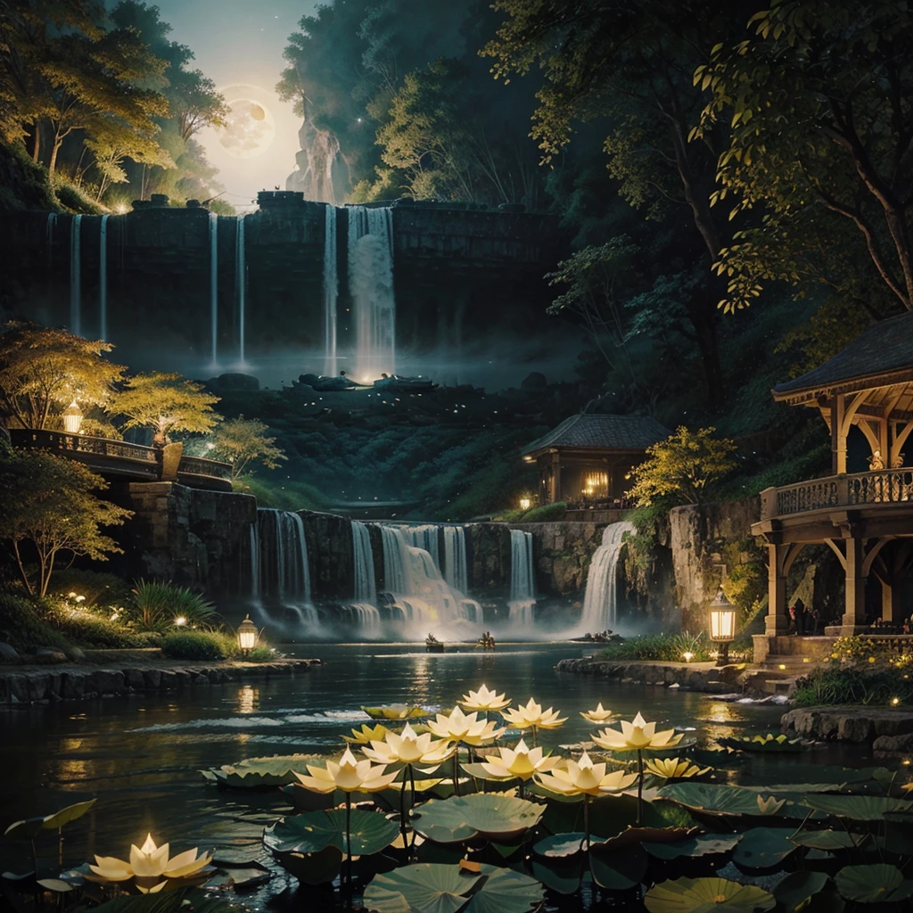 Full Moon Illustration and Waterfall, River boats, Lotus in river illustration, Candles floating on the river, The White Lotus of the Lotus, Bright yellow fireflies, Illustration of a vintage bridge near the river, Fantasy Art, Night theme, Dreamy art, hyperrealistic illustrations