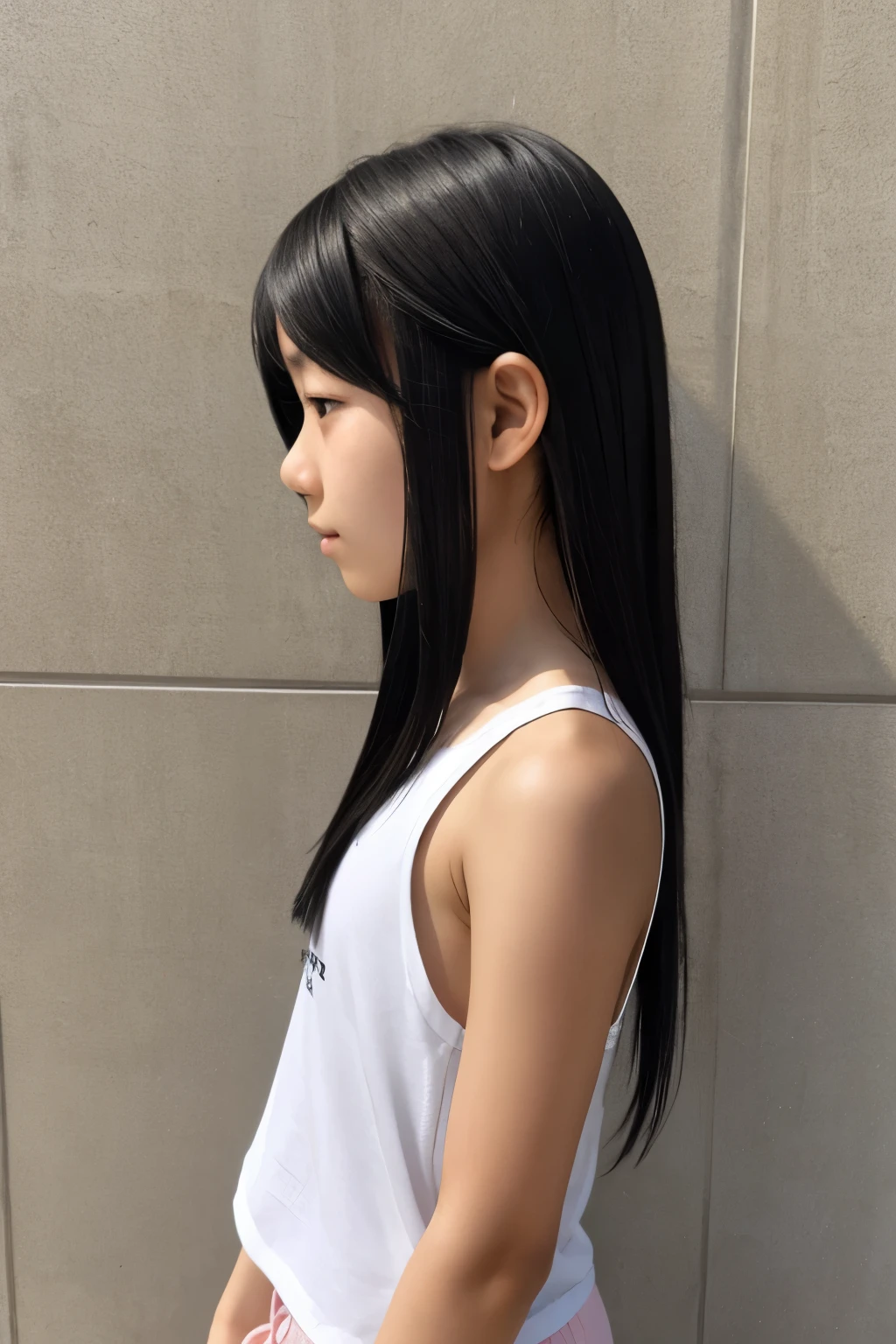 Japanese  girl ultra high definition、High-resolution, best quality profile photo、White tank top and white shorts、Long black straight hair