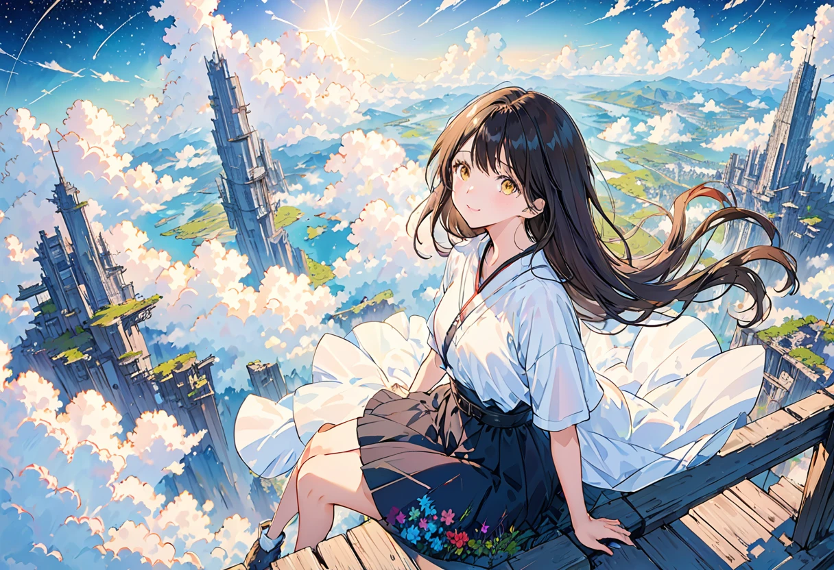 [(white background:1.5), ::5], masterpiece,best quality,official art,illustration,ligne claire,(dreamy),(colorful:1.3),perfect composition,absurdres,intricate details,fantasy,focused,(in the high air),Unable to see the ground,(above the cloud:1.4),(finely detailed modern lost_city:1.3),(lost_city towering above the clouds:1.2),epic,(focus_girl:1.4),(girl in city peak of Broken bridge), rule of thirds, white_jacket and white_shirt,black_beltskirt,very_long_hair,side, loose_hair,semi-rimless eyewear,overhead_viewer,wind blow at viewer,side_face, (ground is starry_sky),smile,sitting,(depth_of_field), shiina mahiru, yellow eyes