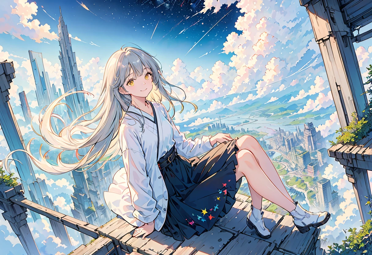 [(white background:1.5), ::5], masterpiece,best quality,official art,illustration,ligne claire,(dreamy),(colorful:1.3),perfect composition,absurdres,intricate details,fantasy,focused,(in the high air),Unable to see the ground,(above the cloud:1.4),(finely detailed modern lost_city:1.3),(lost_city towering above the clouds:1.2),epic,(focus_girl:1.4),(girl in city peak of Broken bridge), rule of thirds, white_jacket and white_shirt,black_beltskirt,very_long_hair,side, loose_hair,semi-rimless eyewear,overhead_viewer,wind blow at viewer,side_face, (ground is starry_sky),smile,sitting,(depth_of_field), shiina mahiru, yellow eyes