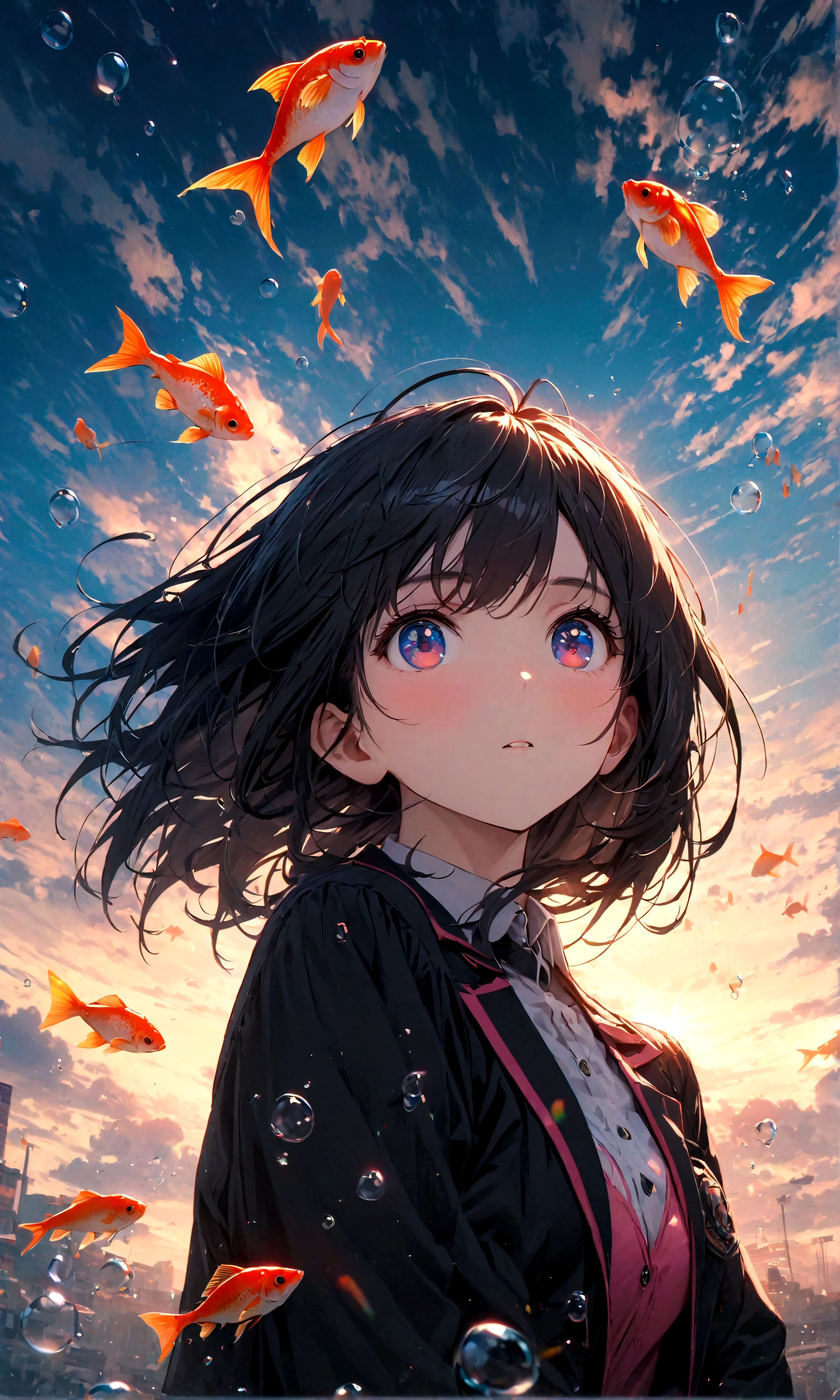 (female\(student, age of 15, JK, short silver floating hair, cosmic colored eyes, black color uniform of school, pale skin, tired face with no shine in the eyes\) is looking up at the sky), (so many goldfish are swimming in the air), beautiful sky, beautiful clouds, summery colorful flowers are blooming here and there, (crystal clear bubbles are shining prism here and there in the sky), there is the noonday moon and noonday stars in the sky, female is at messy downtown, BREAK ,quality\(8k,wallpaper of extremely detailed CG unit, masterpiece,hight resolution,top-quality,top-quality real texture skin,hyper realisitic,increase the resolution,RAW photos,best qualtiy,highly detailed,the wallpaper,cinematic lighting,ray trace,golden ratio\),(long shot),wide shot,