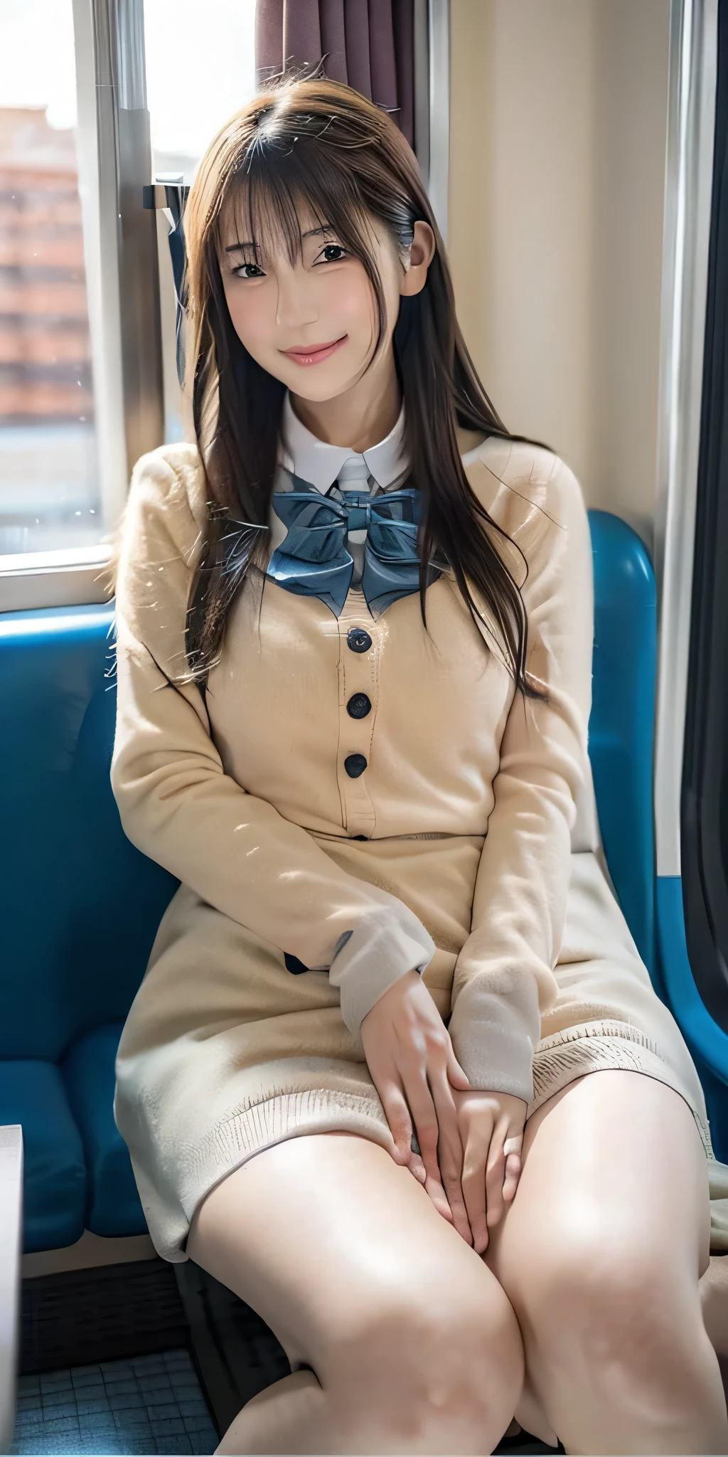 Highest quality, masterpiece, Ultra-high resolution, (reality: 1.4), Original photo, One Girl, mature, White JK Uniform, Smile, Long Hair, Very large breasts bigger than a face , Plump body, Button gap:1.35, sit in a train seat, Leg spread:1.5, Cinema Lighting, Horizontal sheet, View from the train window