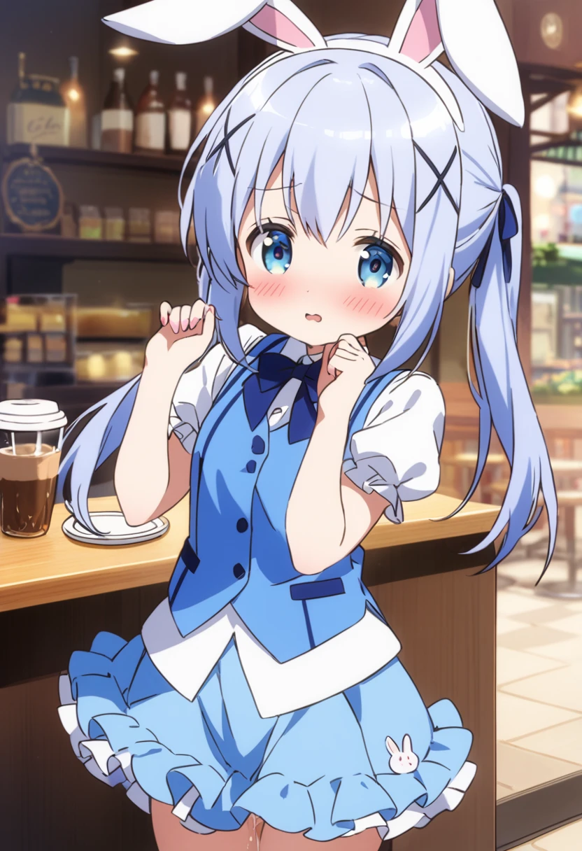 chino, best quality,perfect face, shining eyes, cafe,****,kawaii,cute,full body,blue vest,lift short frill skirt,rabbit ornaments, standing,from front view,pussy,shiny skin,hands up ,pussy juice,embarrassed,flashing