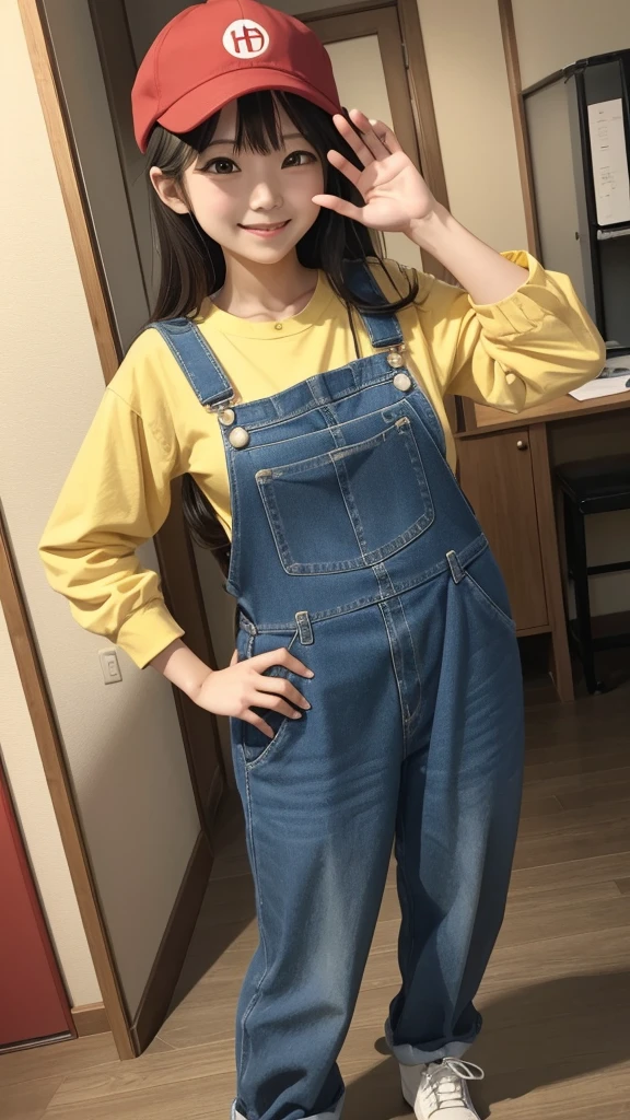 Araleちゃんは特徴的な大きな丸眼鏡をかけており、In the red hat「Arale」it is written like this。Her outfit is blue overalls and a white shirt、Wearing yellow boots。With a cheerful smile and raising her right hand high in greeting,、The left hand is on the hip。In the background you can see Dr. Yamabuki's house in Penguin Village.、The house is made of brown wood.、The roof is made of blue tiles。Colorful flowers bloom in the garden、there is a small pond。The sky is clear and blue、White clouds floating。The sun is shining brightly、The overall atmosphere is bright and warm。