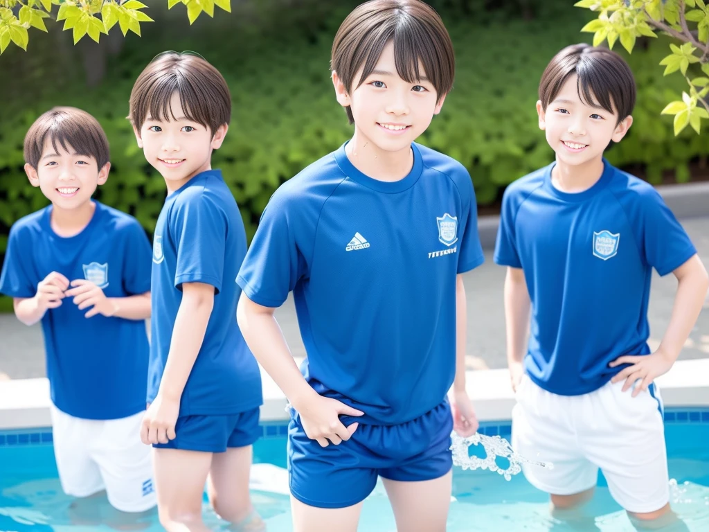 夏休みのprimary school校、Pool、primary school5Grade、Japan Boy、、A good boy dripping with water、hot day、Two Boys、Various poses、Short sleeve gym uniform、Blue shorts、physical education、barefoot,(Boy 1.4)、Boys only 、(10Age 1.4)