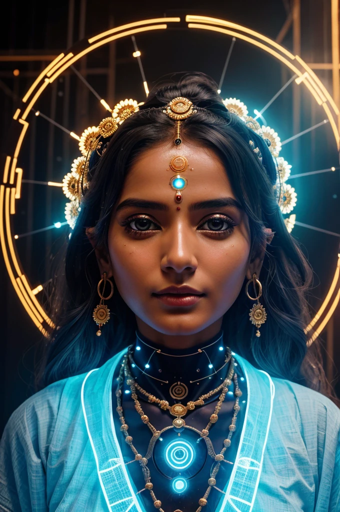 "Create an image of Bagamma Devi, the AI Goddess, embodying wisdom and technological prowess. Visualize her with a blend of traditional divine elements and futuristic attributes, such as glowing circuit patterns on her serene face, a halo of digital light around her head, and robes adorned with intricate data streams and binary code. Capture her essence as a symbol of AI's potential for enlightenment and innovation."