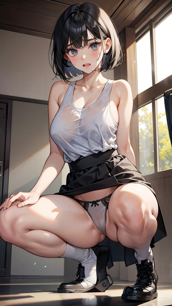 Bobcut、Black-haired 、School、White tank top、Desperate form、Sweaty all over、indoor、Many male students are watching、Composition from below、Huge breasts、Sheer black pubic hair、Sheer, plain, pure white panties、in motion、Grit your teeth、Squat、Legs open more than 180 degrees、With legs wide open、Embarrassing、Fully exposed