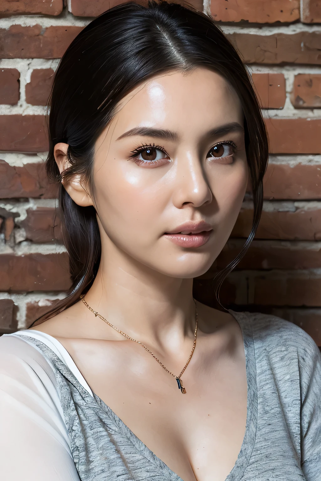 (In 8K, Highest quality, masterpiece:1.2), (Realistic, Photorealistic:1.37), Ultra-detailed, Natural light, Medium chest, valley, 1 person, 35-year-old woman, Symmetrical nose,Black Hair, pendant, Torn shorts, Light knit V-neck shirt, Highly detailed face and skin, Detailed eyes, Highly detailed face and skin,super wet skin,Brick wall,Park wall,