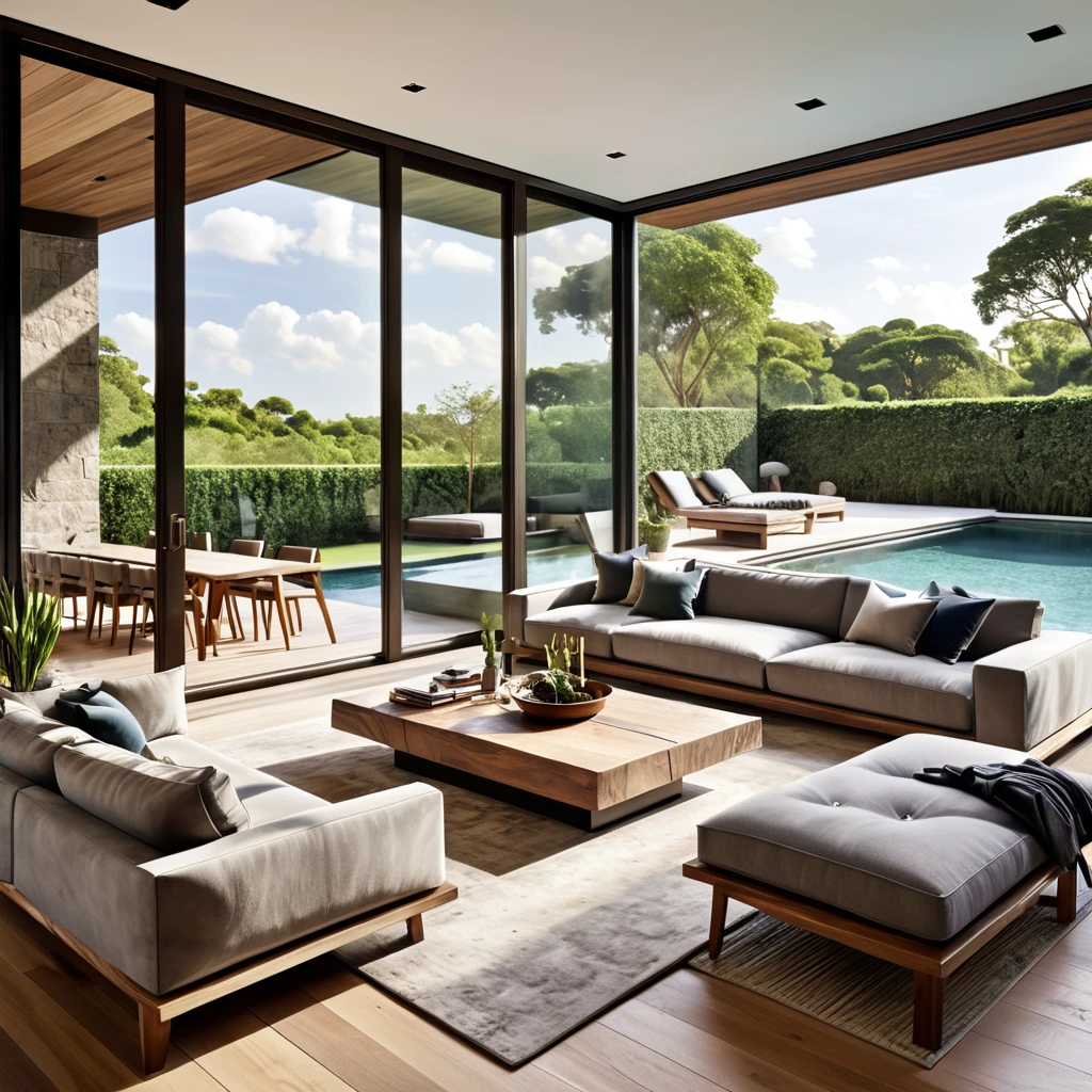 Create a sophisticated and stylish living space that seamlessly integrates indoor and outdoor elements. The living room should include expansive floor-to-ceiling windows providing a breathtaking view of the pool and garden outside. Furnish the room with a spacious gray sofa adorned with plush pillows, a rustic wooden coffee table, and a sleek dark rug. The decor should be minimalistic with carefully selected artwork on the walls. Ensure the room is bathed in natural light, enhancing the warm and welcoming ambiance.