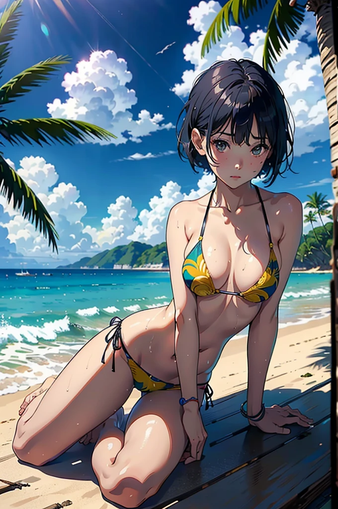 ((highest quality, masterpiece, High resolution))、beautiful japanese woman、((anime art))、 ((1 female))、22 years old、realistic face、 smaller breasts、slim body shape、medium short hair、double eyelid、Wet see-through bikini、Wrap your waist in cloth with bold ethnic patterns and plenty of primary colors.、realistic skin、Wet、whole body、cinematic light、tropical、Against the background of palm trees、on a sunny beach、With the sea in the background、blur background、