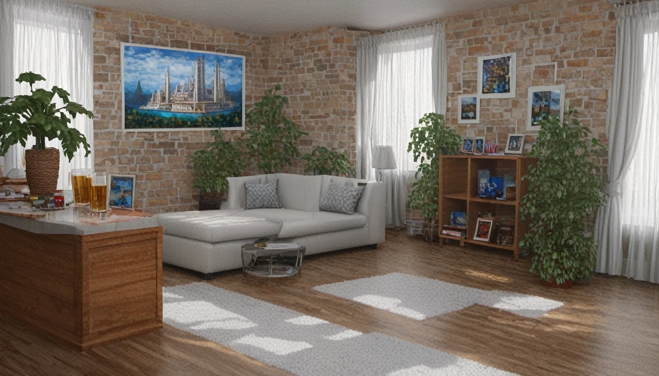 Describe a detailed scene of a twilight street, with a Manhattan skyline lit up at night, set in a luxurious living room within a high-rise tower. The room features a concrete wall, a concrete floor, and a table with a beer on it. The walls are adorned with stylish posters. The furniture includes white cushioned sofas in a deep blue color. The windows have white curtains, and there are plants added for a touch of greenery. The room is illuminated by soft lighting. Please provide a 16,000-pixel image description with a focus on minute details, describing the scene in a beautiful and vivid manner.