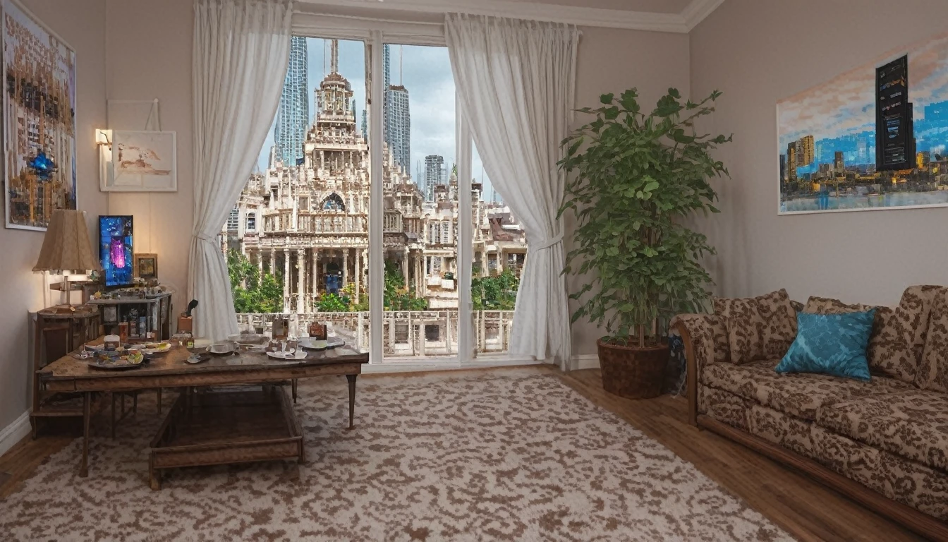 Describe a detailed scene of a twilight street, with a Manhattan skyline lit up at night, set in a luxurious living room within a high-rise tower. The room features a concrete wall, a concrete floor, and a table with a beer on it. The walls are adorned with stylish posters. The furniture includes white cushioned sofas in a deep blue color. The windows have white curtains, and there are plants added for a touch of greenery. The room is illuminated by soft lighting. Please provide a 16,000-pixel image description with a focus on minute details, describing the scene in a beautiful and vivid manner.