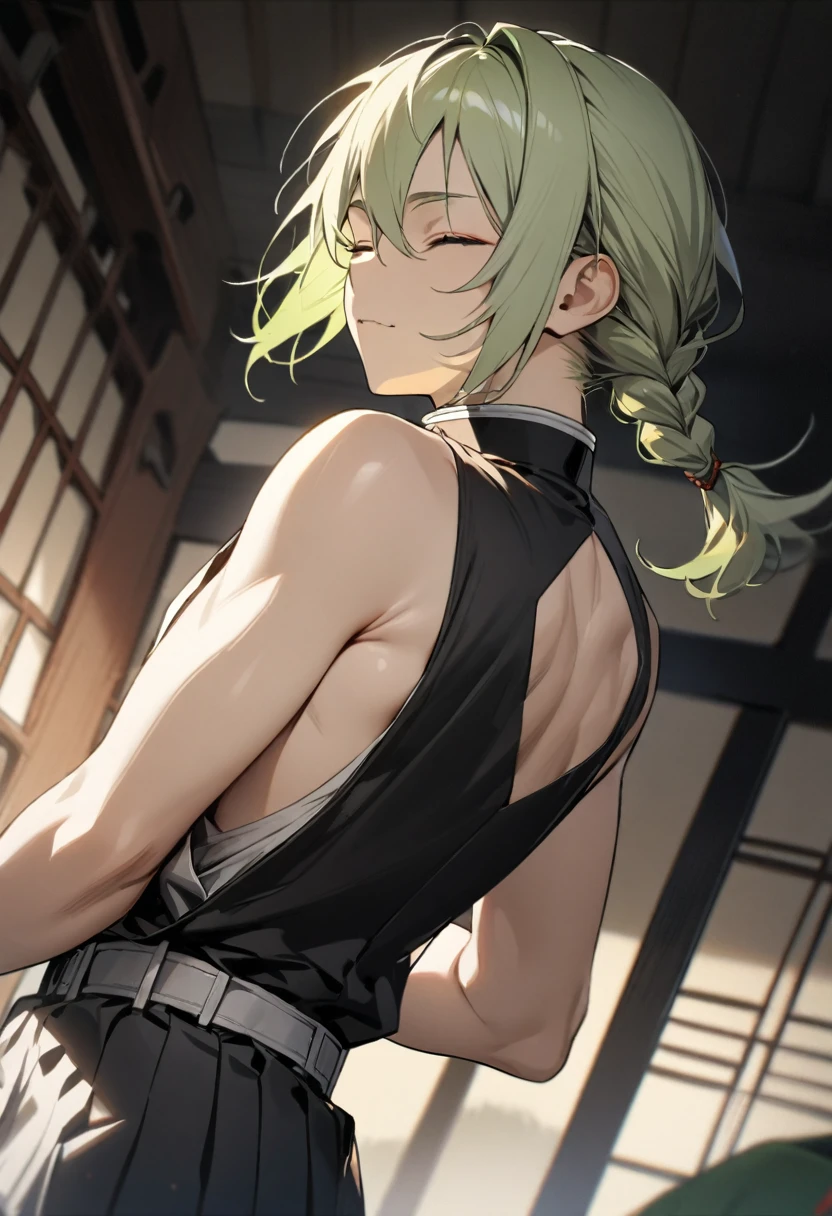 One boy, human, fair skin, eyes closed, light yellow-green hair, braids tied in a single ponytail at the back, shirt, Demon Slayer uniform, masterpiece, top quality