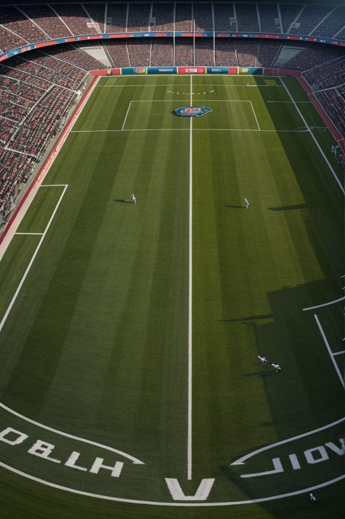 3d image of ''Two rival football teams clash on the lush green field of the stadium. The home team, adorned in their iconic colors, fights to defend their turf. Meanwhile, the visiting team, equally determined, aims to upset the balance. The air is charged with anticipation as the players sprint, tackle, and strategize, each pass echoing through the stands. Who will emerge victor, wallpaper art, Promo art design, octane render, masterpiece detail,