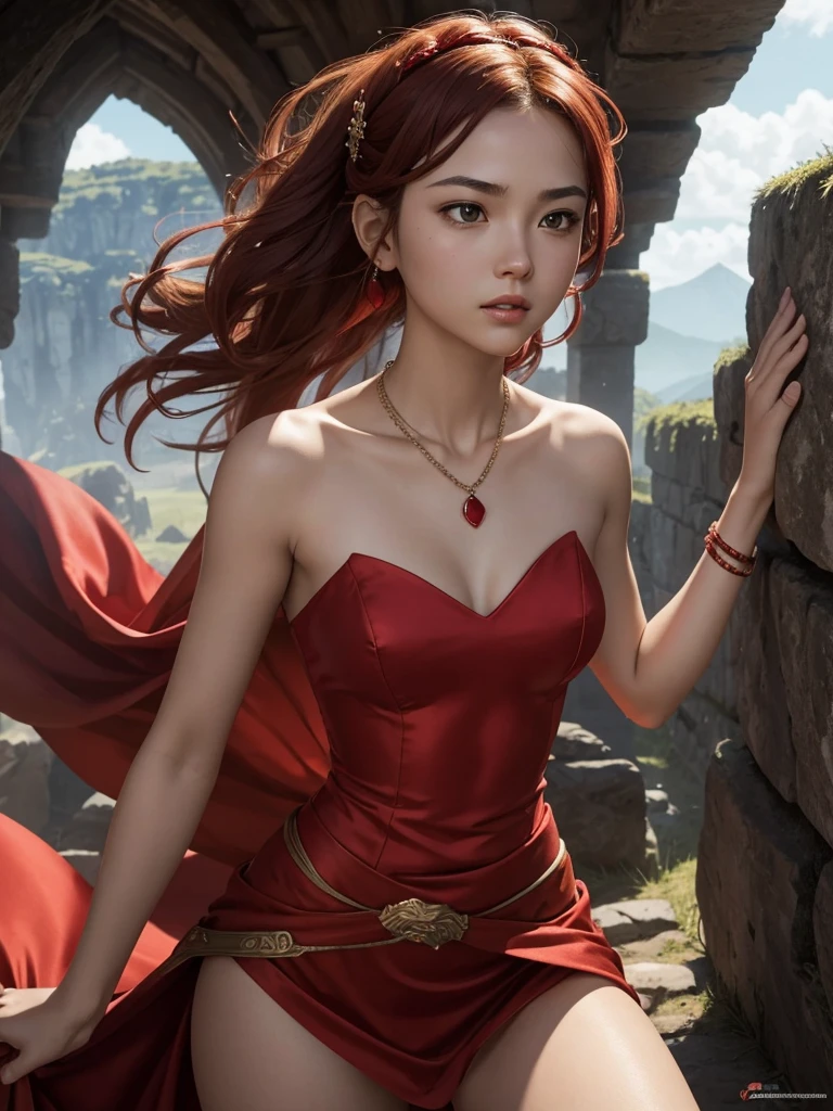 8K. A red princess in a fantasy setting with a brown floating hair. Wearing a sexy red silky princess dress no pants. cleavage. Red Ruby stone necklace. Crown on the head. Bracelets. She is rather slim. Very small breasts. Small hips and long thin legs. White skin. A narrow soft face. Soft round chin. A very long and big nose. Cute curved lips. Big upturned eyes. Very bright and barley visible eyebrows. Very very thin eyebrows. Long neck. Courageous and Adventurous personality. backgrounds: battlefield. Castle. Master of martial arts. red Sword. Fighting scene. dynamic pose