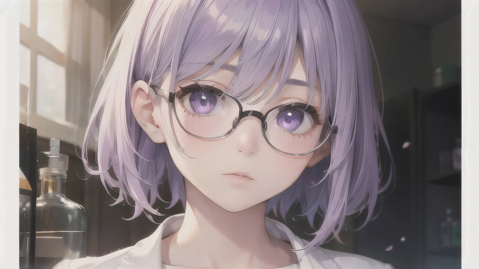 One Girl,20-year-old,Beautiful Face,Upper Body,Light purple hair、short hair、center part、Sharp focus,shirt、White、Expressionless、Purple Eyes、Glasses、Laboratory