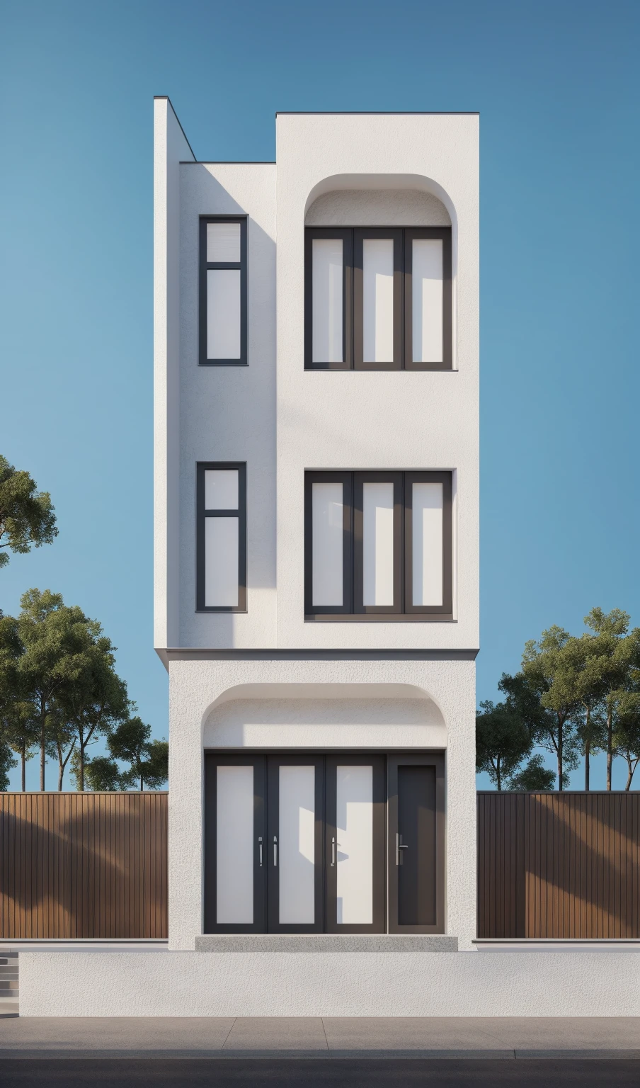 PLATFORM KTHOUSE, 1 morden villa,1large yard, 1 road runs in front of the house, (RAW photo, real, best quality, masterpiece:1.2), look morden minimalist, 1 road in front of the house, dynamic lighting:1.3, (hyper realistic, photo-realistic:1.2), high quality, (dark lighting:1.2), perfect lighting, archdaily, no human, light at 12 noon, light in door, 1 rolling door:1.4