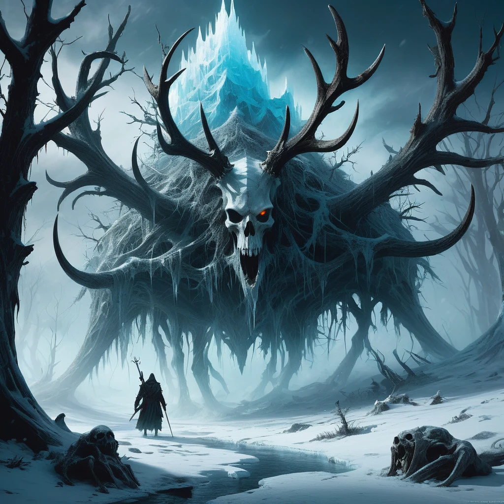 "Envision a medieval dark fantasy scene where a wendigo lurks amidst a frozen, desolate landscape. Its emaciated form is draped in tattered remnants of clothing, barely concealing its skeletal frame and frost-bitten flesh. The wendigo's eyes burn with an unnatural hunger, glowing faintly with an eerie, icy blue light that pierces through the perpetual twilight of the icy wasteland.

Long, jagged antlers sprout from its skull, twisted and gnarled like the branches of long-dead trees. Its elongated limbs end in razor-sharp claws that leave deep tracks in the snow-covered ground as it moves with an unsettling grace. The wendigo's presence is accompanied by a bone-chilling aura of cold that freezes the very air around it, leaving a trail of frost and ice in its wake.

In the distance, skeletal trees stand silhouetted against a foreboding sky, their branches creaking under the weight of perpetual winter. The howl of distant winds carries the faint whispers of lost souls and the hollow echoes of ancient curses. Shadows dance across the barren landscape, cast by the ghostly glow of the wendigo's eyes and the icy shimmer of its breath.

Capture the primal terror and chilling allure of this medieval dark fantasy wendigo, embodying the insatiable hunger and relentless pursuit that haunt the icy wilderness of this bleak and unforgiving realm."