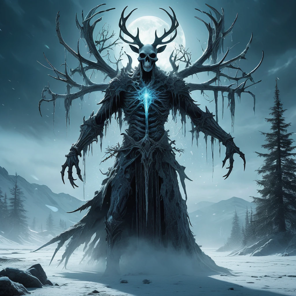 "Envision a medieval dark fantasy scene where a wendigo lurks amidst a frozen, desolate landscape. Its emaciated form is draped in tattered remnants of clothing, barely concealing its skeletal frame and frost-bitten flesh. The wendigo's eyes burn with an unnatural hunger, glowing faintly with an eerie, icy blue light that pierces through the perpetual twilight of the icy wasteland.
Long, jagged antlers sprout from its skull, twisted and gnarled like the branches of long-dead trees. Its elongated limbs end in razor-sharp claws that leave deep tracks in the snow-covered ground as it moves with an unsettling grace. The wendigo's presence is accompanied by a bone-chilling aura of cold that freezes the very air around it, leaving a trail of frost and ice in its wake.
In the distance, skeletal trees stand silhouetted against a foreboding sky, their branches creaking under the weight of perpetual winter. The howl of distant winds carries the faint whispers of lost souls and the hollow echoes of ancient curses. Shadows dance across the barren landscape, cast by the ghostly glow of the wendigo's eyes and the icy shimmer of its breath.
Capture the primal terror and chilling allure of this medieval dark fantasy wendigo, embodying the insatiable hunger and relentless pursuit that haunt the icy wilderness of this bleak and unforgiving realm."