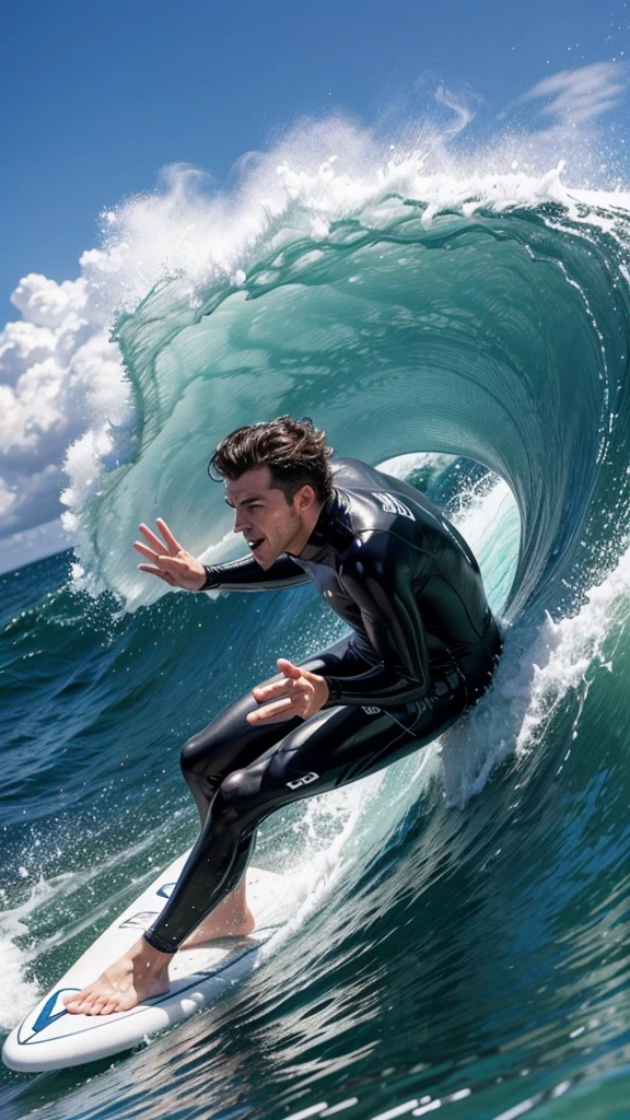 Man surfing with a white board releasing smoke from his mouth in a 4 meter wave