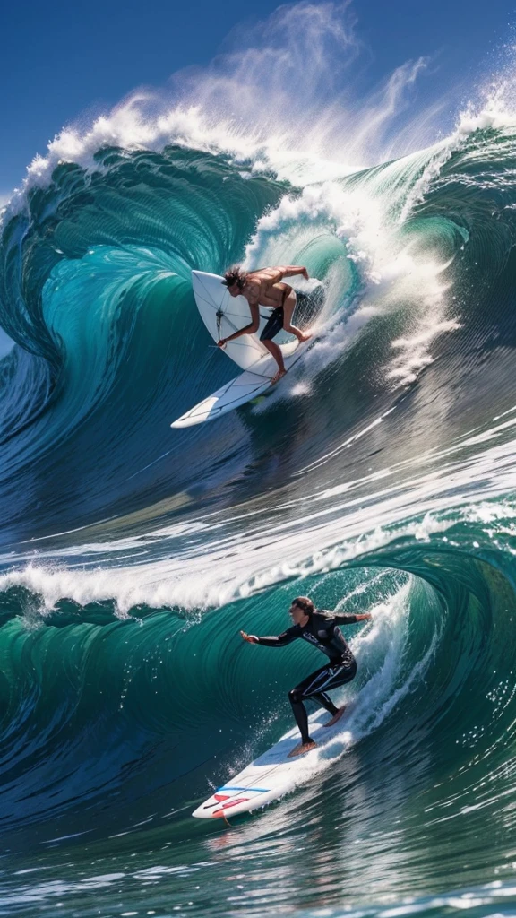 Man surfing with a white board releasing smoke from his mouth in a 4 meter wave