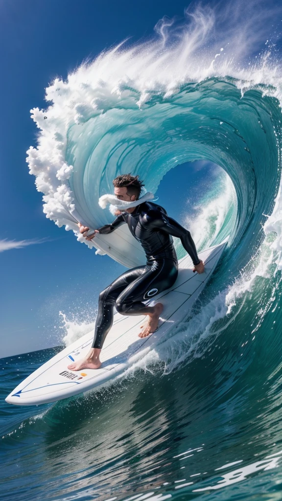 Man surfing with a white board releasing smoke from his mouth in a 4 meter wave