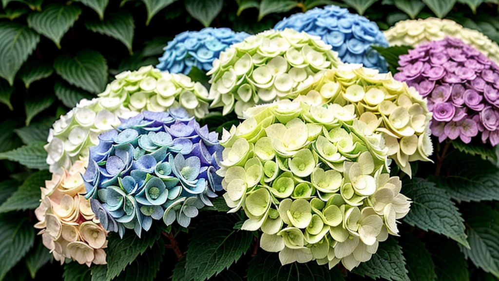 There are many different coloured colorful hydrangeas in the bush together, deity of Hydrangeas, Hydrangea, Beautiful large flowers, dominant wihte and green colours, green white colors, white and green, white and pale green toned, white and pale green, green! White, beautiful flower, green and white, Kano Tanyou