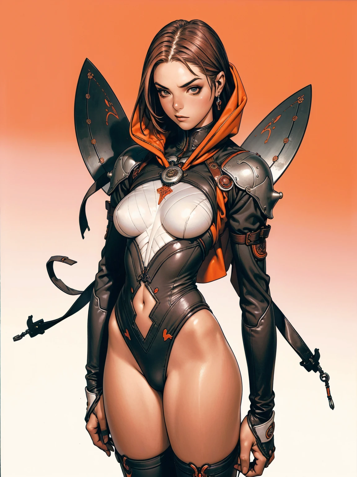 (((Annie Lennox))), (((Dark red))), (back view), (((perfect ass))), (((bandaged arms))), ((hooded cloak)), (((best qualityer: 1.4))), (Unbeatable masterpiece), (hiper HD),(CG 8k hyper-realistic), (((brave face))), (((breasts big))), (((hyper feminine))), sexly girl, black tattoo,(ultra short pink hair)), ((( sculptural body ))), (((1 Kizi))), Kizi tatuada de 25 anos com perfectbody,,Beautiful and well-groomed face,muscular body:1.2,solid color detailed jacket, (Head to thigh photos), Complex equipment, green dark,long pants,Tight clothes are dark,With white stars and off-white stripes,,,,,Armor Metal Electronic Parts, Poison tattoos ) INFO, Kizi, (((standing alone))), pirralha violent, ((())), sexly, pose de atitude, work of art, post-apocalypse, (((manga style))), bounty hunter, violent, Manic, the way you want, slenderbody, thin but strong, perfectbody, roupa moderna, advanced technology, Pleated mini skirt with checkered pattern in red and black, fur collar jacket, sleeves with vertical striped pattern, neutral background, (( cowboy shot )). intricate visual