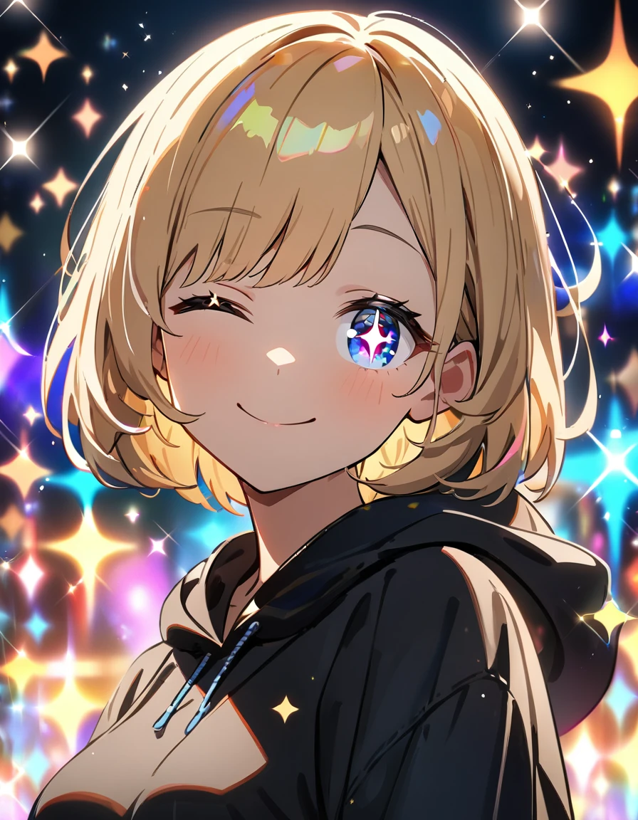 (((One girl))), blond hair, bob cut, (looking at viewer), breasts, teenager, head tilt:1.3, (((blue eye))), (from side), hand in pocket, ((happy smile)), black hoodie, black shorts, (one eye closed, ;>), (((sparkle in the eye:1.8))), ((upper body)), anime style, (best quality, 4k, 8k, highres, masterpiece:1.2), ultra-detailed, ultra-detailed eyes, HDR, UHD, studio lighting, ultra-fine painting, sharp focus, physically-based rendering, extreme detail description, professional, vivid colors, bokeh)