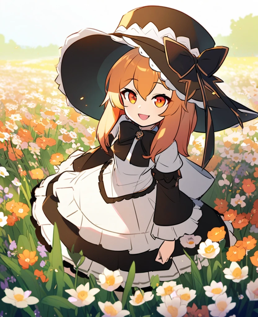 palfoxparks, wild, alone, female, looking at viewer, field. of flowers with a lolita hat with orange and black bow, Smile, open mouth, orange eyes, by Skweekers,