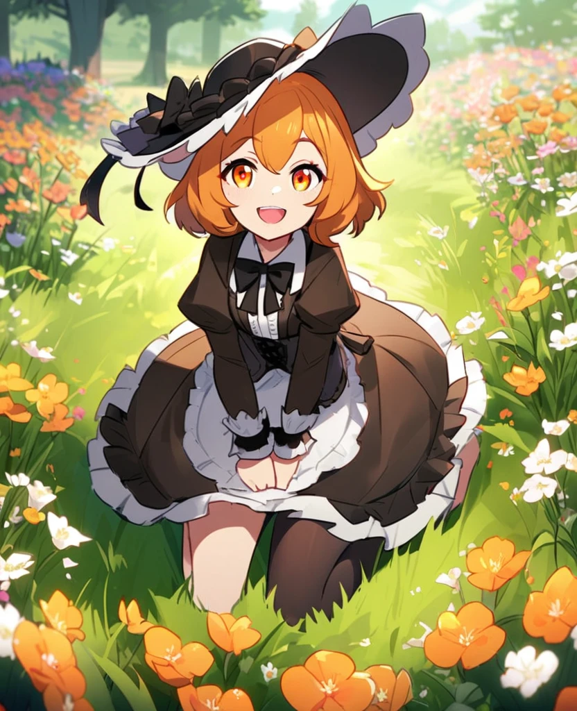 palfoxparks, wild, alone, female, looking at viewer, field.  of flowers with a lolita hat with orange and black bow, Smile, open mouth, orange eyes, by Skweekers,
