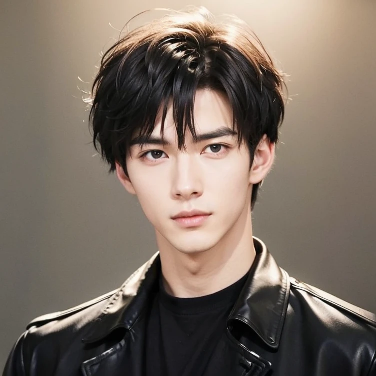 at office,wearing black leather coat,two block haircut, Attractive man,Live-action photo,Handsome and sunny,(SLR effect,Reality,8K,Hyper-detailing,Absolute realism)