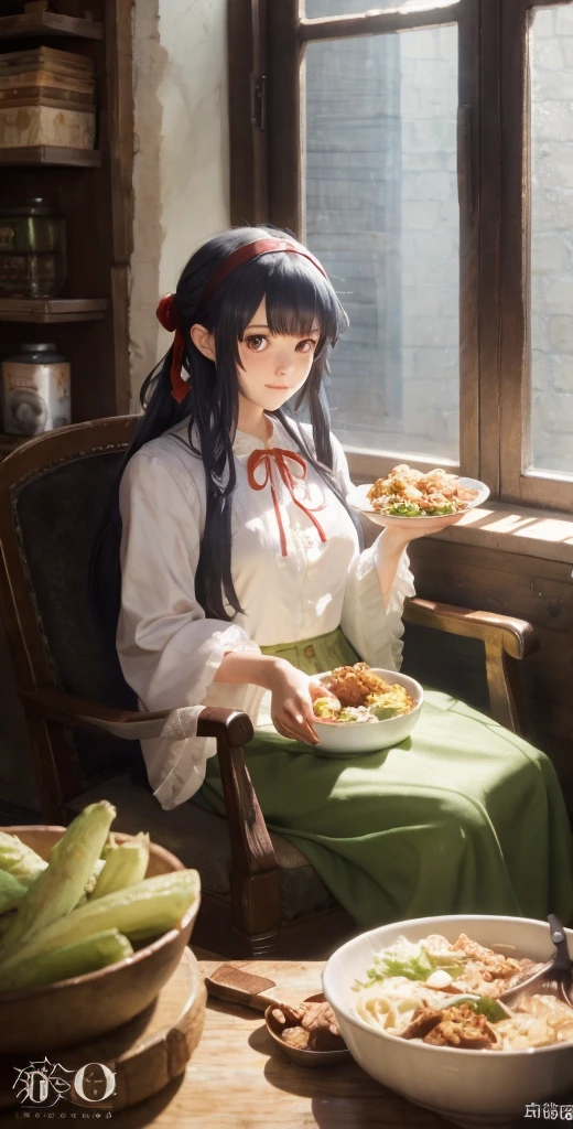 a girl sitting in chair with a bowl of food in her hand, alchemist girl, light novel cover art, official art, epic light novel art cover, official artwork, epic light novel cover art, loli, isekai, small curvy loli, cushart krenz, cushart, cushart krenz key art feminine, shadowverse style, moe