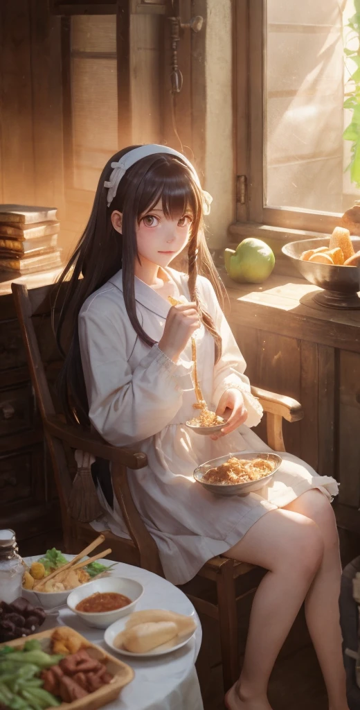 a girl sitting in chair with a bowl of food in her hand, alchemist girl, light novel cover art, official art, epic light novel art cover, official artwork, epic light novel cover art, loli, isekai, small curvy loli, cushart krenz, cushart, cushart krenz key art feminine, shadowverse style, moe