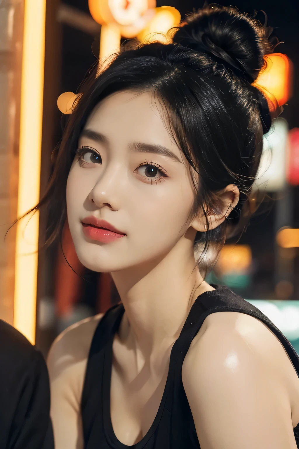 (((best quality))),(((Very detailed))),(((Masterpiece))),illustration,1 girl,Bun hair,(black tank top:1.3),shirt collar,thin,Flat chest,laugh, summer night,Korean city scenery, road, neon sign, beautiful, Lively, Detailed facial features,medium hair, elegance, cultural atmosphere, Bustling city,Tall buildings filled with colorful advertisements, reflection, บรรยากาศที่Lively, road food aroma,(close-up photo of face:1.3)