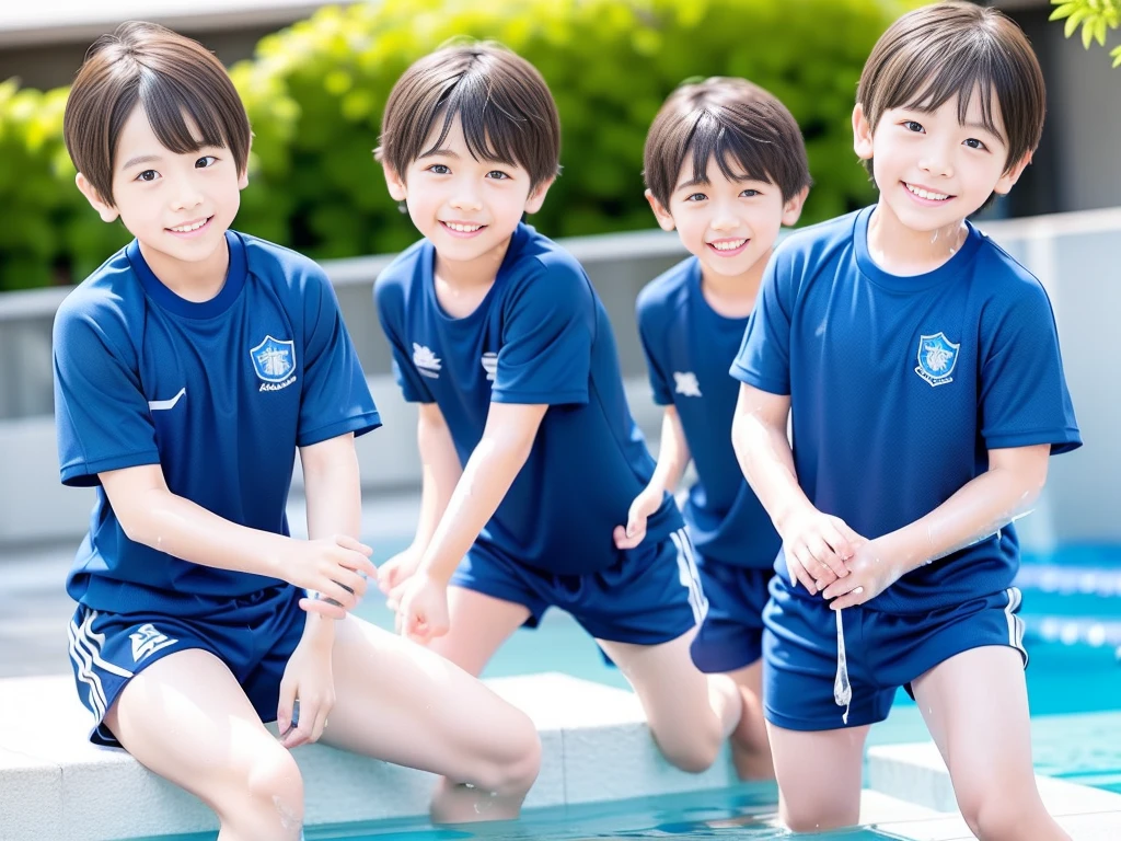 夏休みのprimary school校、Pool、primary school５Grade、Japan Boy、Glowing water splashes、A good boy dripping with water、hot day、Two Boys、Various poses、Short sleeve gym uniform、Blue shorts、physical education、barefoot，（Boy 1.4）、Boys only 、(１０Age 1.４)