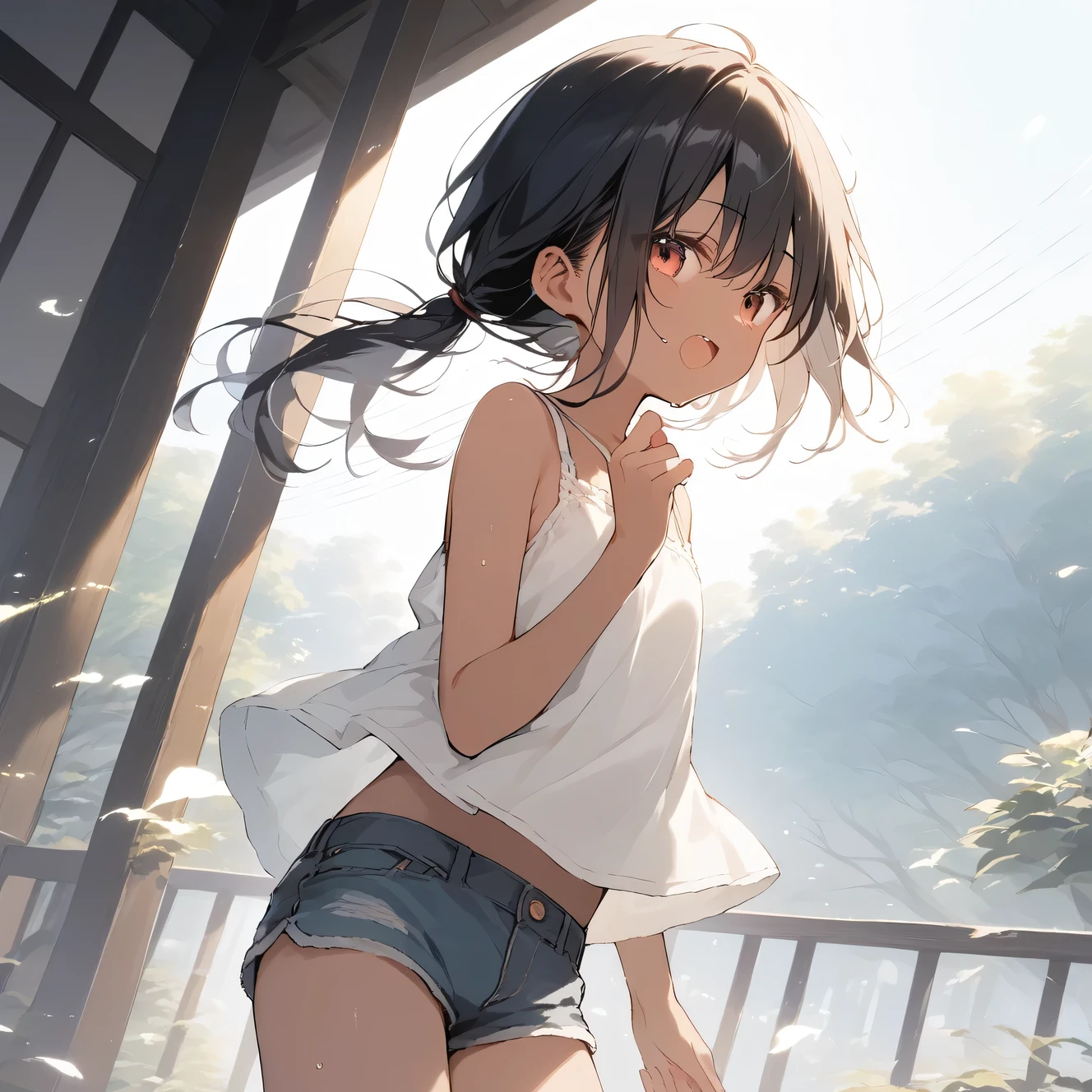 score_9, score_8_up, score_7_up, source_anime, best quality, masterpiece, official art, absurdres, highres, ultra-detailed,waifu2x,Collection: Slice of Life,break,1girl, tomboy, dark-skinned female, short hair, low ponytail, flat chest, beautiful detailed eyes, short shorts, sweat, open mouth, (yawn:0.3), sleepily, outdoors, wind, break,(clear line illustration:1.2),very high resolution, very aesthetic, super detailed skin, Best sexual lighting powered by famous artist, 8k,cute picture,beauty illustration,photoshop_(medium),,(Detailed Lighting),best anime 8k konachan wallpaper, pixiv contest winner, 