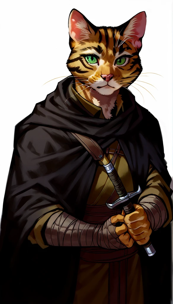 score_9, score_8_up, score_7_up, (clear simple background, white background, papyrus background),
 ((tabaxi), anthro, solo, female, (portrait), (focus), (holding, assassin, rogue), ((wearing dark robe, cape)), (cat fur)), beautiful