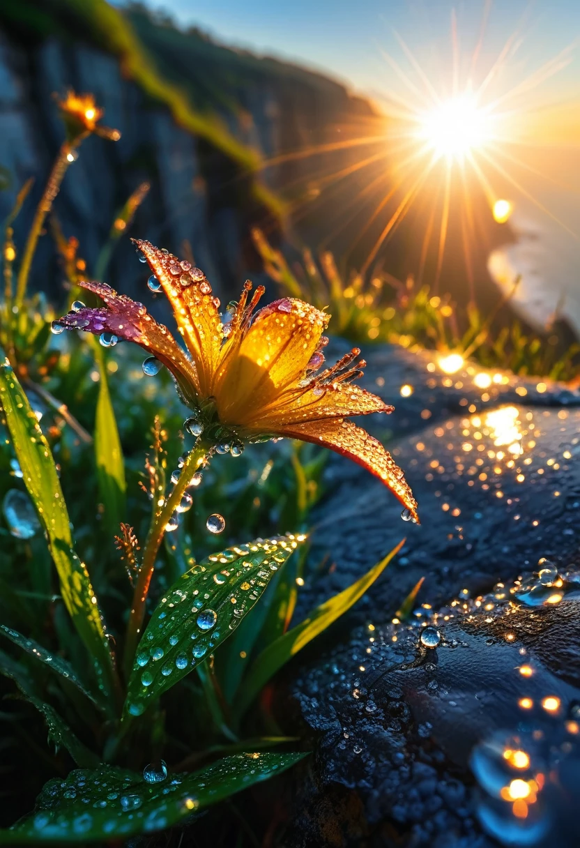 Intricate details, detailed, realism,The first rays of sunlight in the morning，Dew drops on flowers on the cliff，(sunrise，Lens Flare)，Nice photos，HD Wallpapers，Natural light, dramatic, Source reality,
