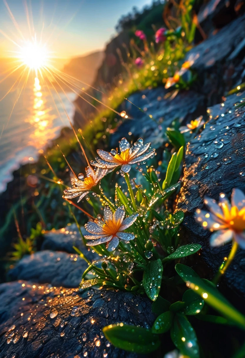 Intricate details, detailed, realism,The first rays of sunlight in the morning，Dew drops on flowers on the cliff，(sunrise，Lens Flare)，Nice photos，HD Wallpapers，Natural light, dramatic, Source reality,
