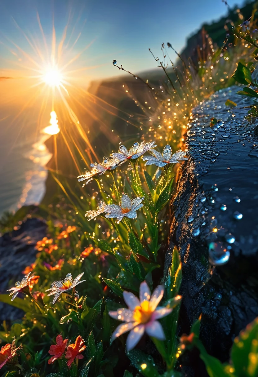 Intricate details, detailed, realism,The first rays of sunlight in the morning,Dew drops on flowers on the cliff,(sunrise,Lens Flare),Nice photos,HD Wallpapers,Natural light, dramatic, Source reality,