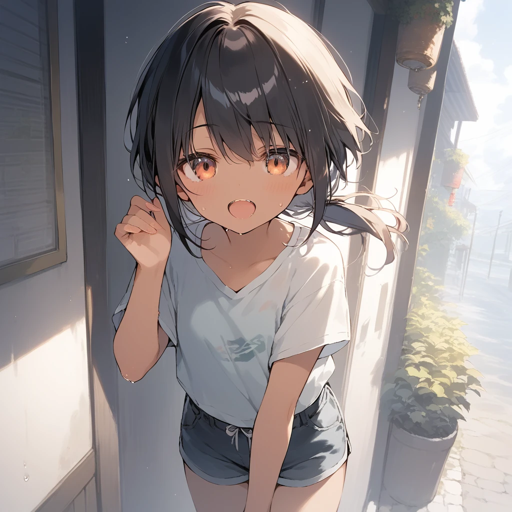 score_9, score_8_up, score_7_up, source_anime, best quality, masterpiece, official art, absurdres, highres, ultra-detailed,waifu2x,Collection: Slice of Life,break,1girl, tomboy, dark-skinned female, short hair, low ponytail, flat chest, beautiful detailed eyes, short shorts, sweat, open mouth, (yawn:0.3), sleepily, outdoors, wind, break,(clear line illustration:1.2),very high resolution, very aesthetic, super detailed skin, Best sexual lighting powered by famous artist, 8k,cute picture,beauty illustration,photoshop_(medium),,(Detailed Lighting),best anime 8k konachan wallpaper, pixiv contest winner,