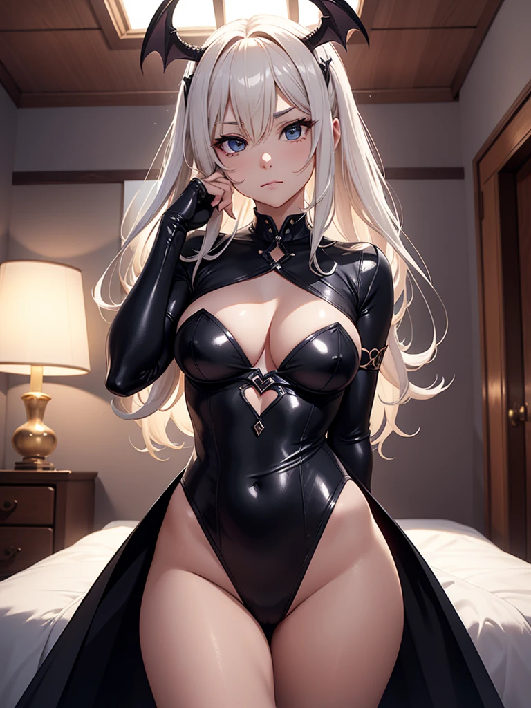 (​masterpiece、top-quality、hight resolution、Unity 8k Wallpaper、extremely details CG:1), Create an image featuring a gentle and calm housewife wearing a cosplay costume from the work 【Succubus】. The scene should be shown from the perspective of the person she is showing it to. Ensure the following:
1. The married woman is frustrated, lecherous, and wants to be fucked by the viewer, and her facial expressions and gestures follow suit.
2. She is wearing a cosplay costume from the specified work 【Succubus】.
3. The perspective is from the viewer's point of view, as if they are seeing her show off the costume.
4. The background should suggest a comfortable, private setting, like a living room or bedroom.