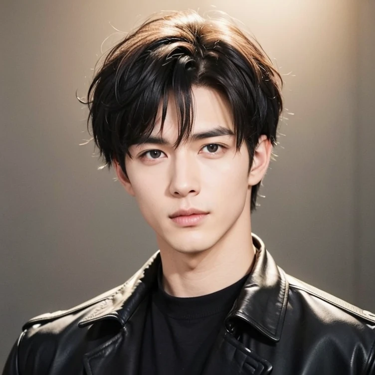at office,wearing black leather coat,two block haircut, Attractive man,Live-action photo,Handsome and sunny,(SLR effect,Reality,8K,Hyper-detailing,Absolute realism)